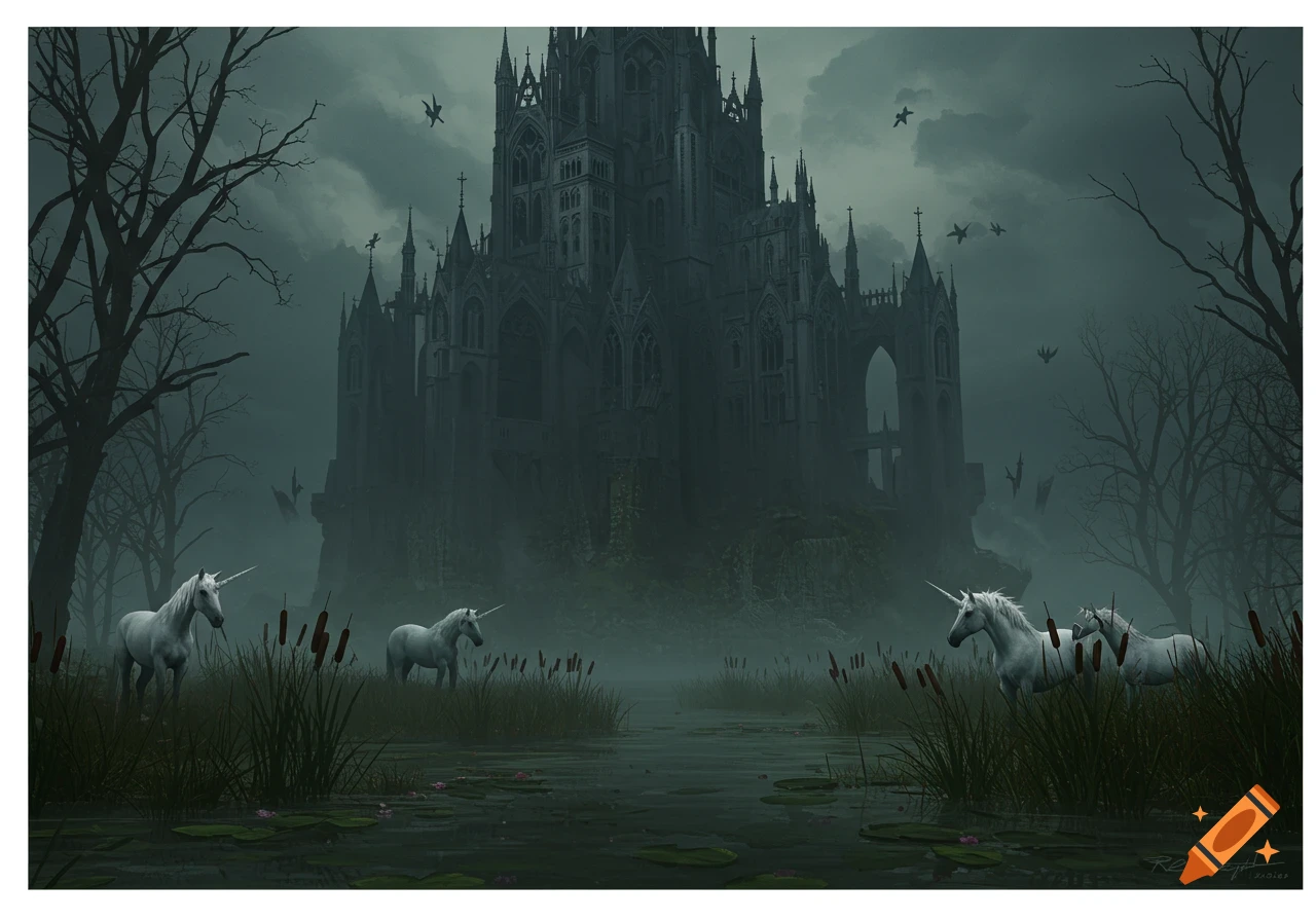 Moody fantasy art of a gothic castle looming over a misty swamp where several white unicorns stand among reeds.