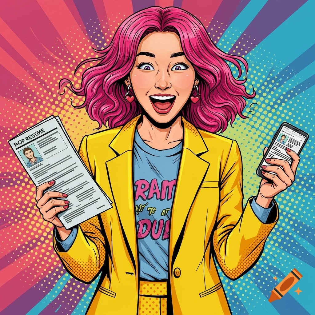 Pop art illustration of a woman with pink hair holding a resume and phone against a colorful background.