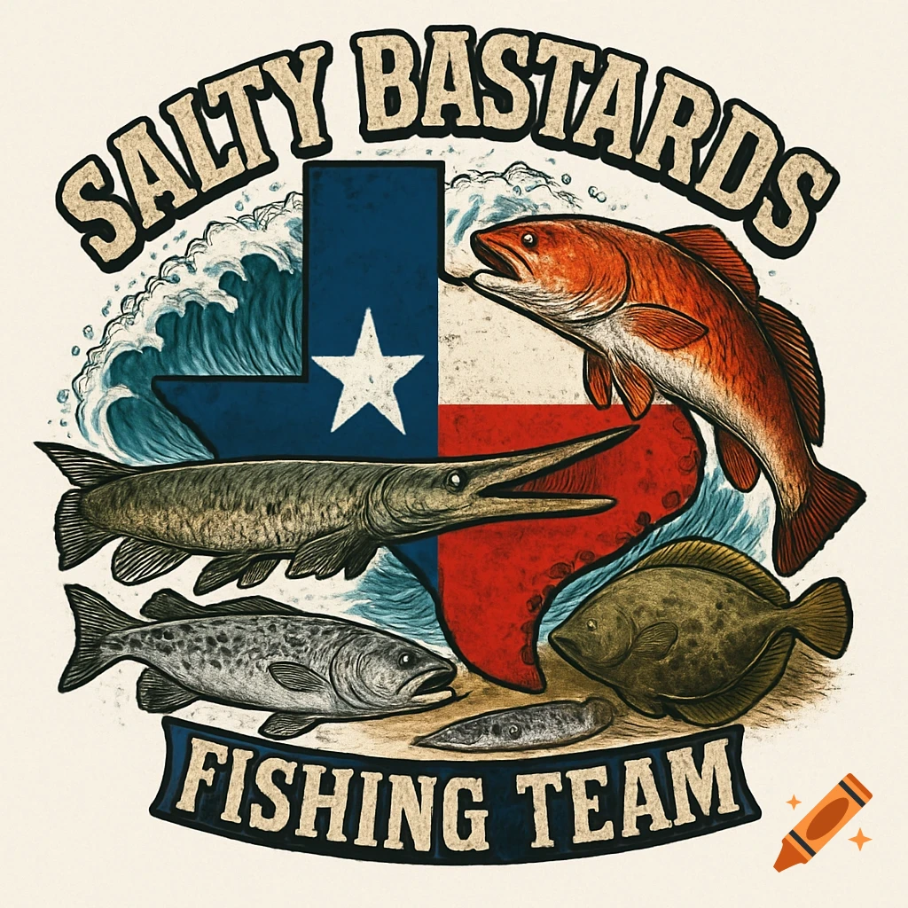 Texas fishing team logo with fish, waves, and the state flag.