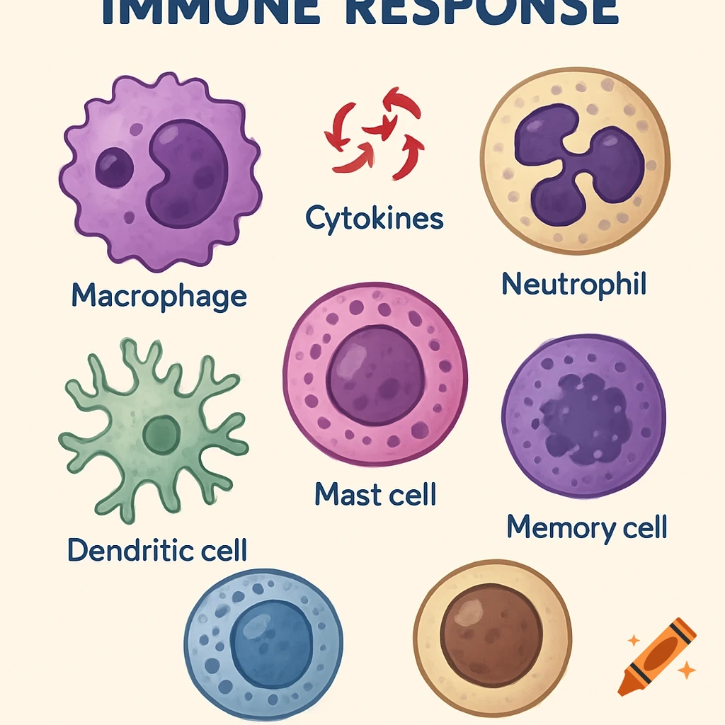 Illustration of various immune cells and cytokines.