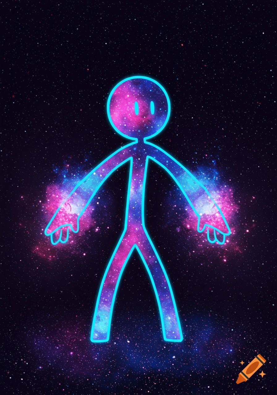 Stick figure filled with a galaxy pattern stands against a starry space background with a blue outline.