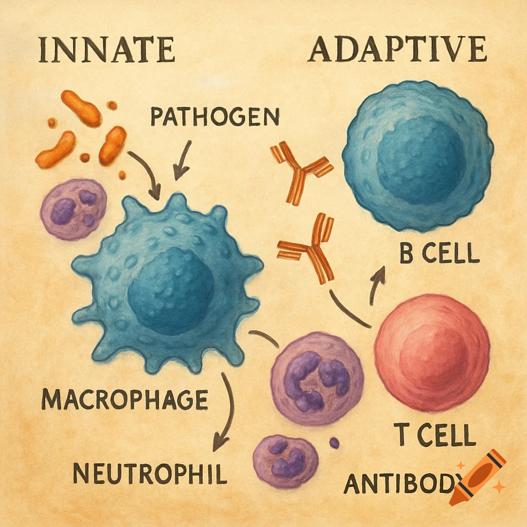 Watercolor diagram illustrating innate and adaptive immune responses with labeled cells and components like macrophage, B cell, T cell, and antibodies.