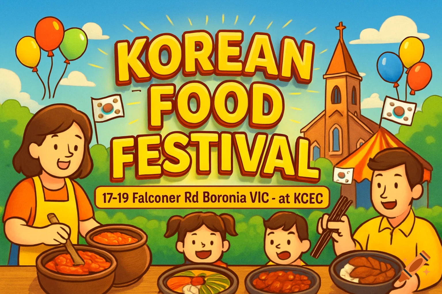 Cartoon poster for a Korean Food Festival featuring people, food, balloons, flags, and a church.