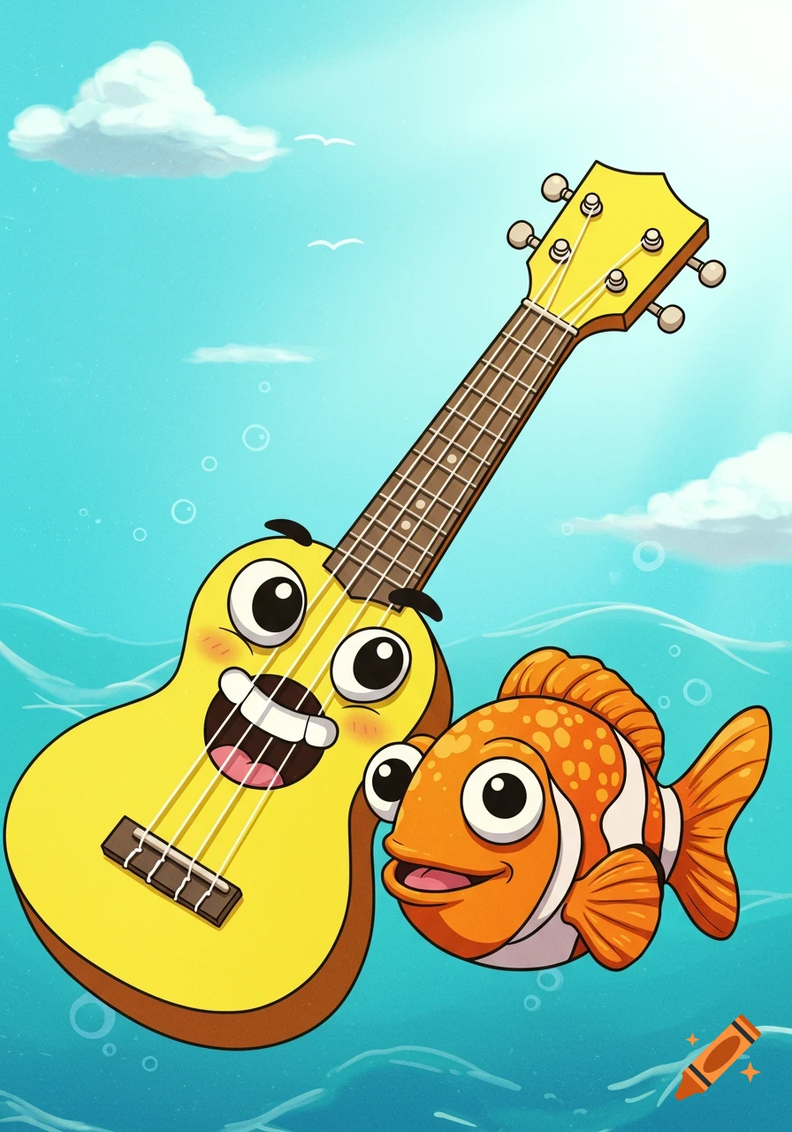 A cartoon ukulele and fish underwater.