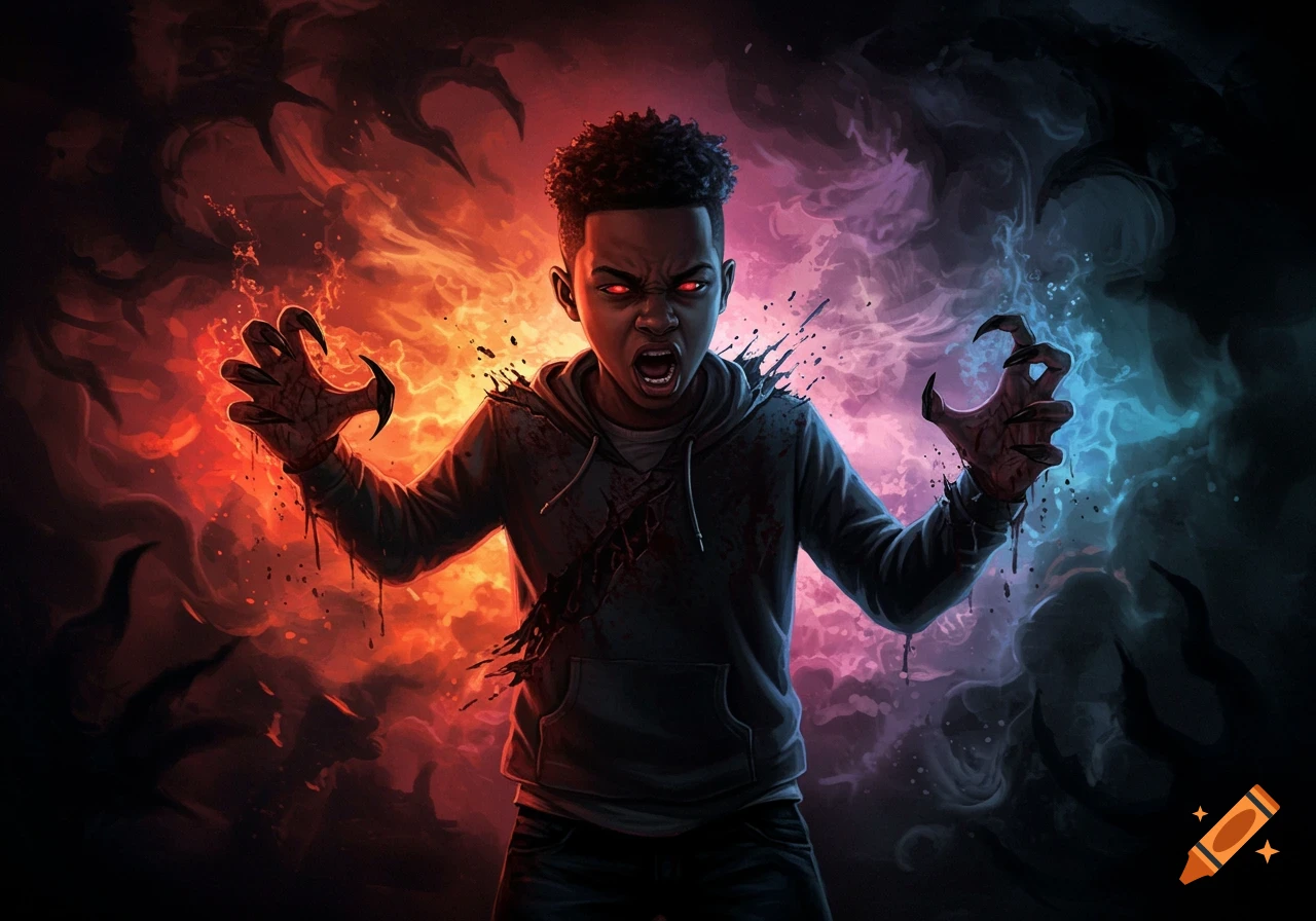 Illustration of an African American teen transforming into a monster with glowing red eyes and claws against swirling energy.