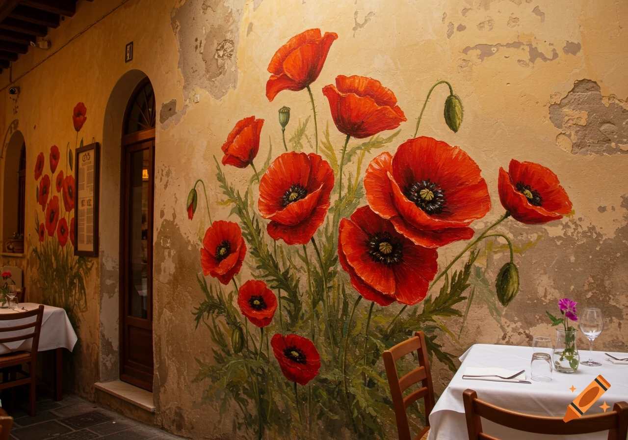 A wall painted with large red poppies in an Italian restaurant setting with tables and chairs.