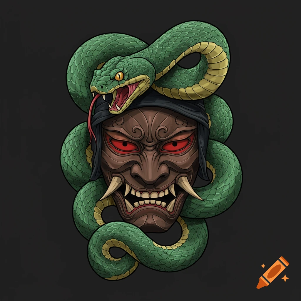 Illustration of a green snake wrapped around a brown mask with red eyes, in a tattoo style.