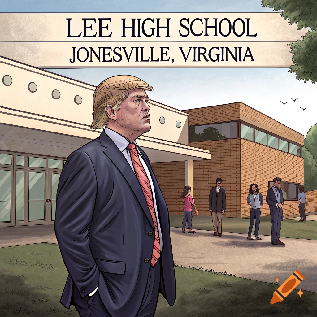 Illustration of Donald Trump standing in front of Lee High School Jonesville, Virginia.