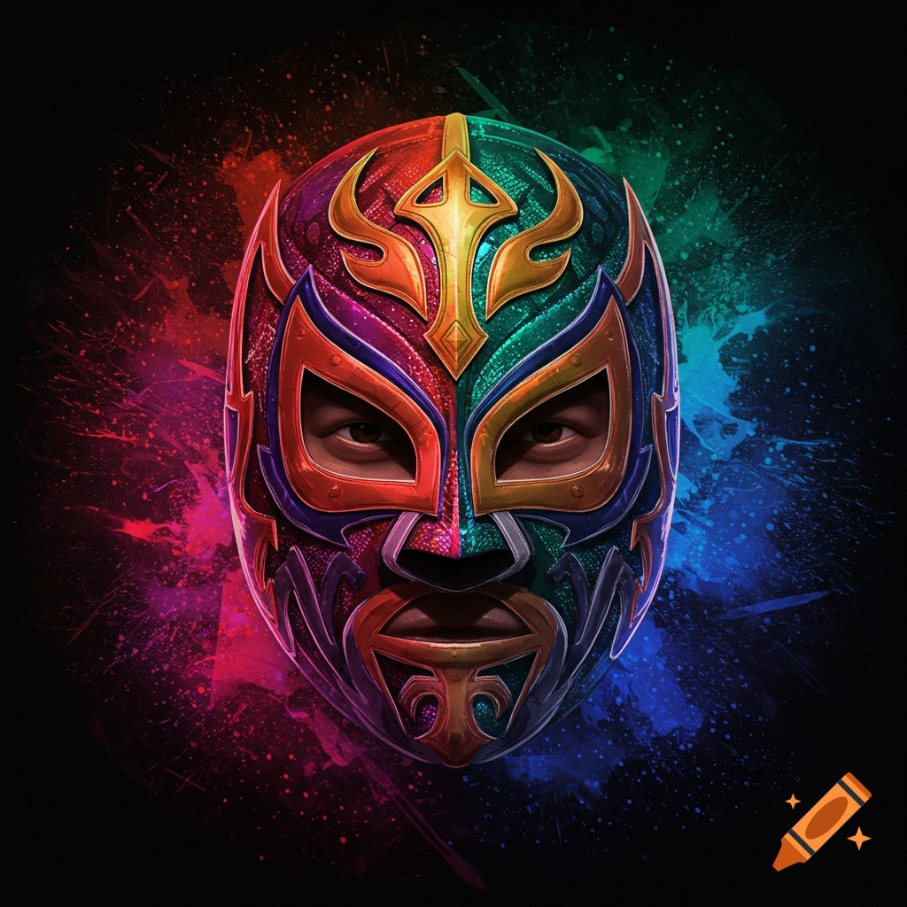 Colorful wrestling mask with splatter effect and visible eyes