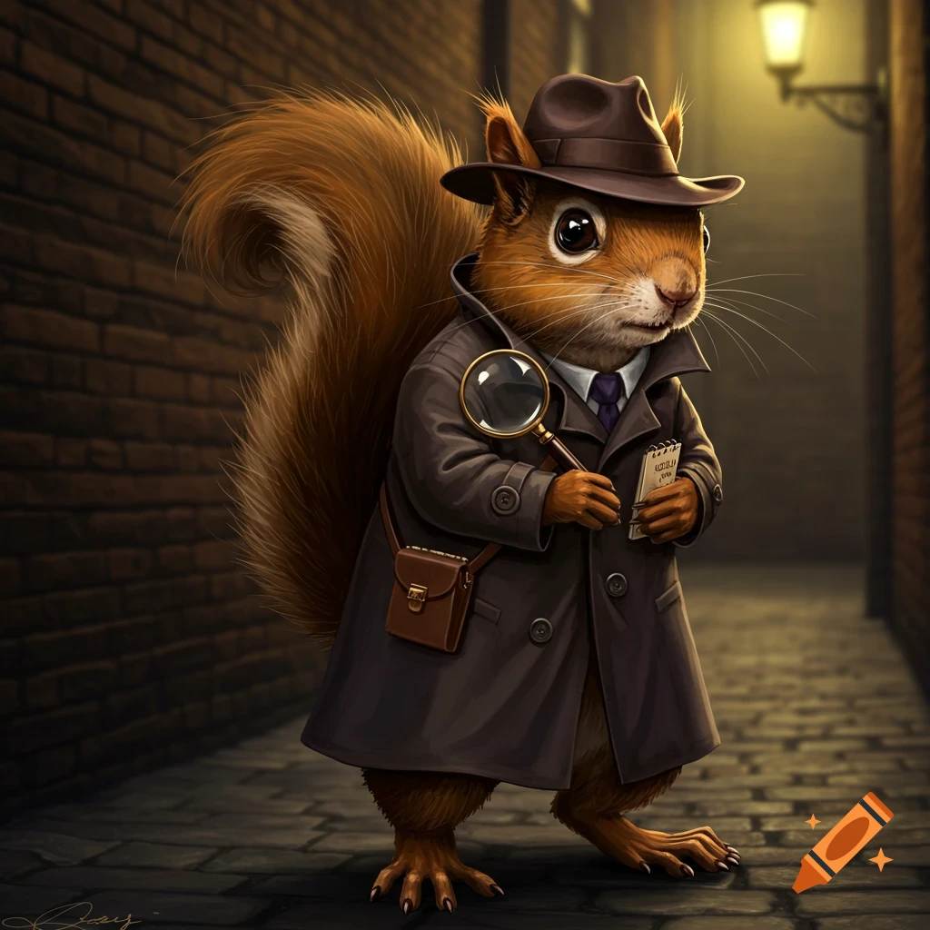 An anthropomorphic squirrel dressed as a detective stands in a dimly lit alley, holding a magnifying glass and notebook.