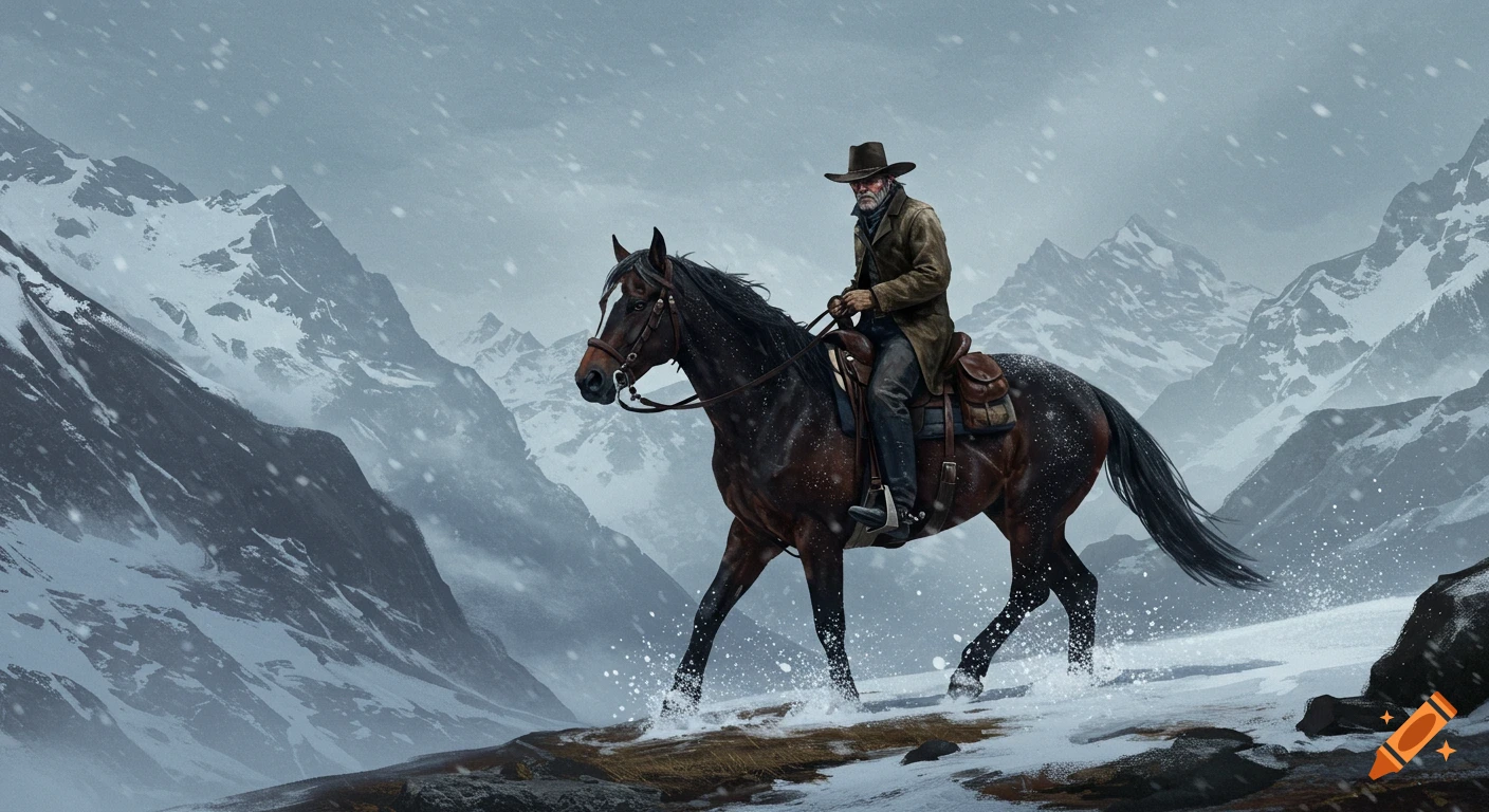 A cowboy rides a horse through a snowy mountain pass.
