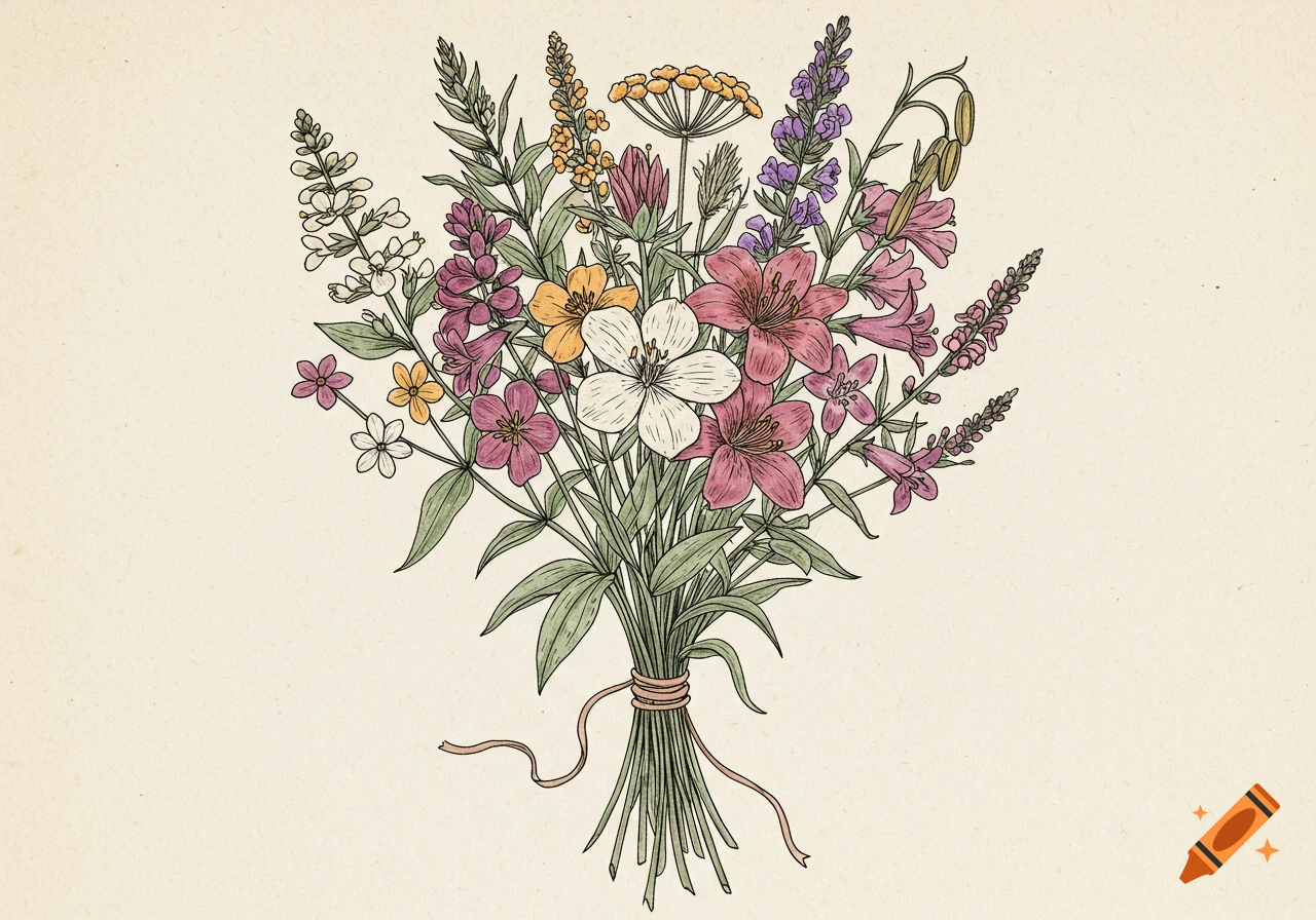 Line drawing illustration of a bouquet of colorful wildflowers tied with a ribbon.