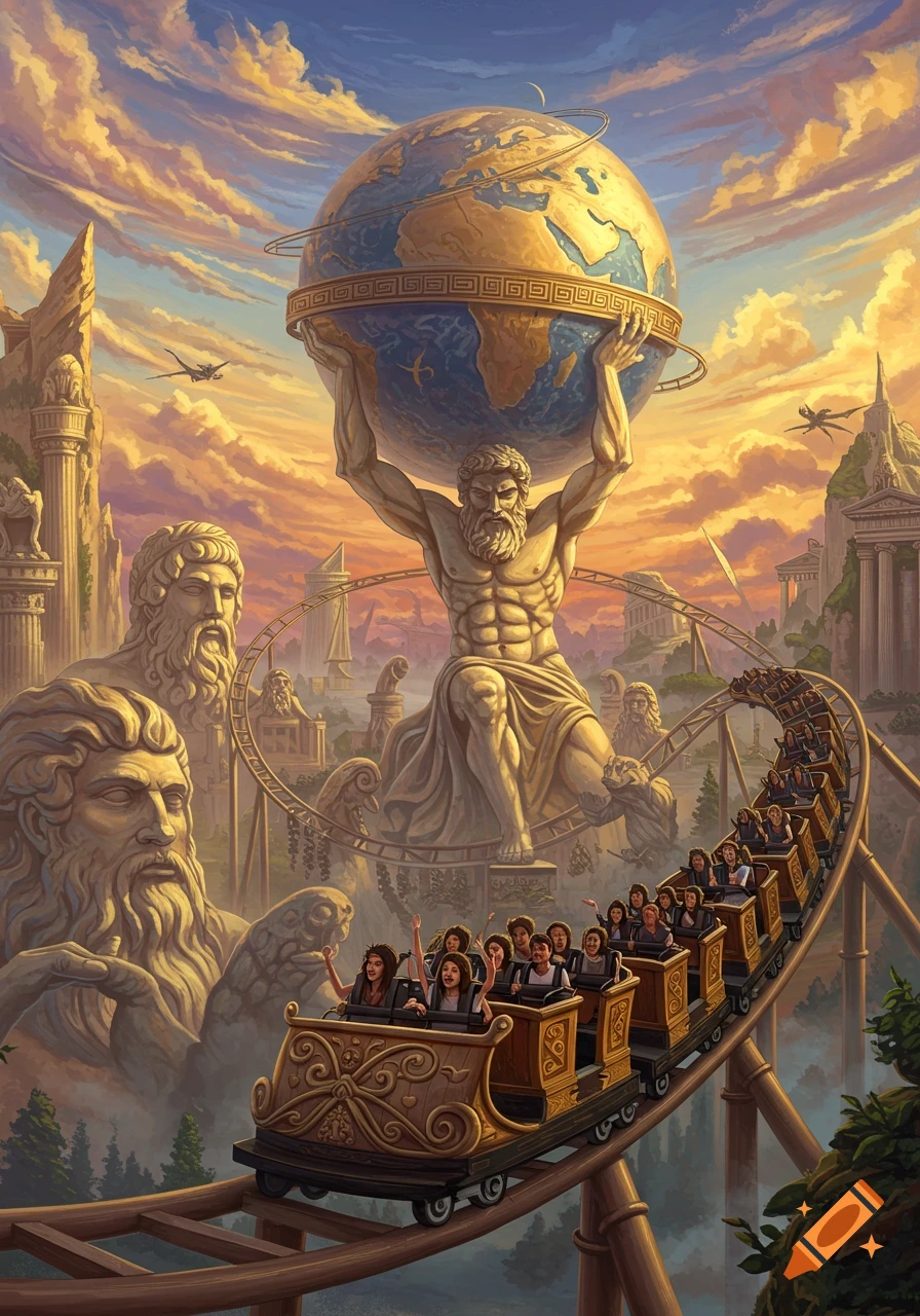Illustration of Atlas holding the world above a rollercoaster full of riders in a fantasy Greek mythological landscape at sunset.