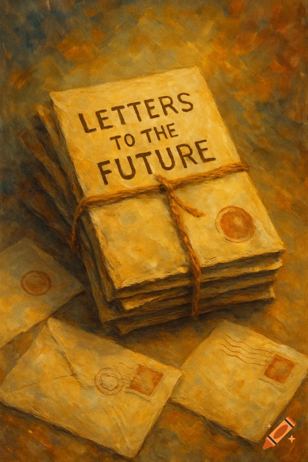 A stack of old letters tied with string, labeled 'LETTERS TO THE FUTURE', in a textured painting style.