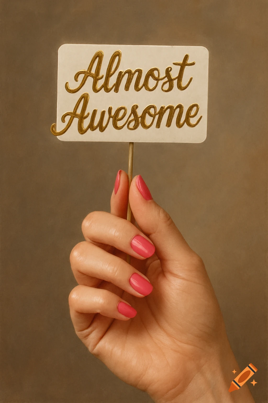 A hand with pink nails holding a sign that says 'Almost Awesome'.