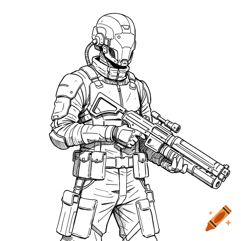 Black and white line drawing of a sci-fi soldier in armor holding a weapon.
