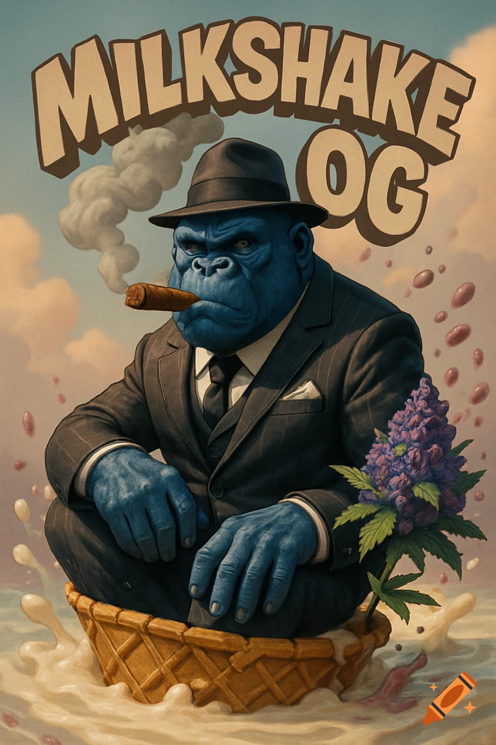 Blue gorilla in suit and hat smokes cigar, sits in ice cream cone floating in milkshake with cannabis plant. Text says 'MILKSHAKE OG'. Cartoon style.