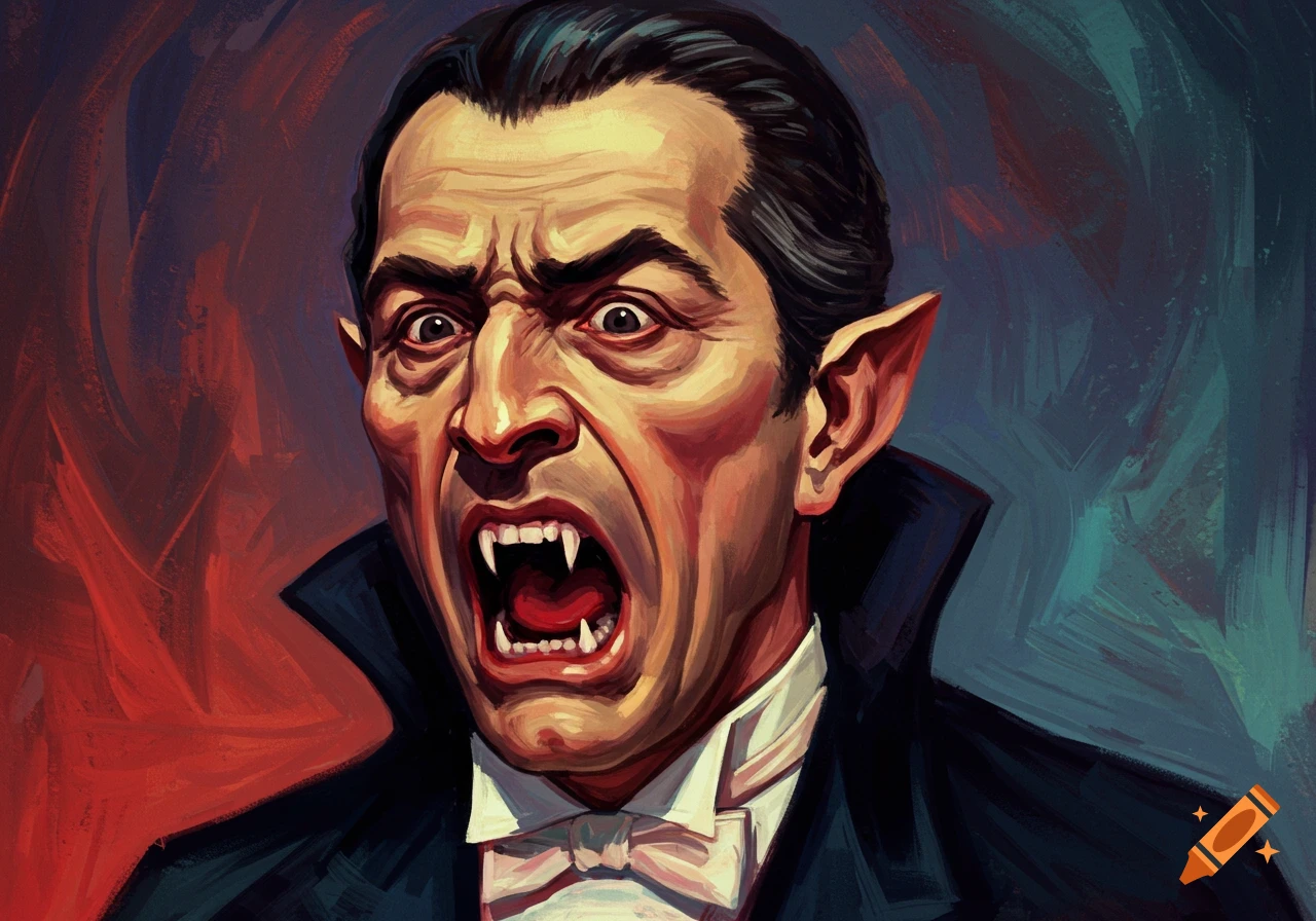 Painting of Dracula with bared fangs and pointy ears, looking angry, in a dramatic brushstroke style.