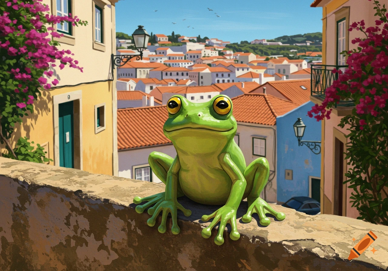 Green frog sits on a stone wall overlooking a European village with red tile roofs and pink flowers, painted style.
