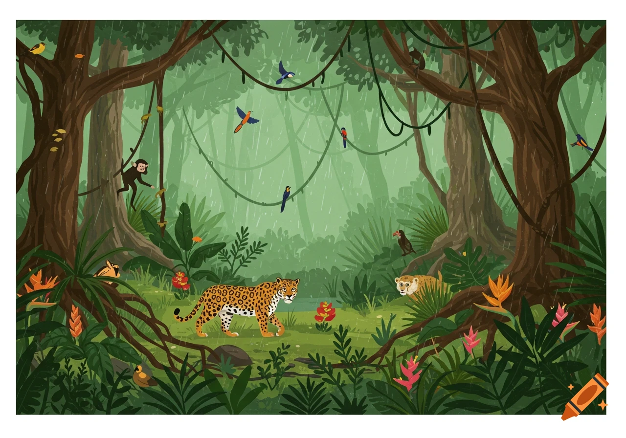 Illustration of a jaguar and other animals in a rainforest during a rain shower.
