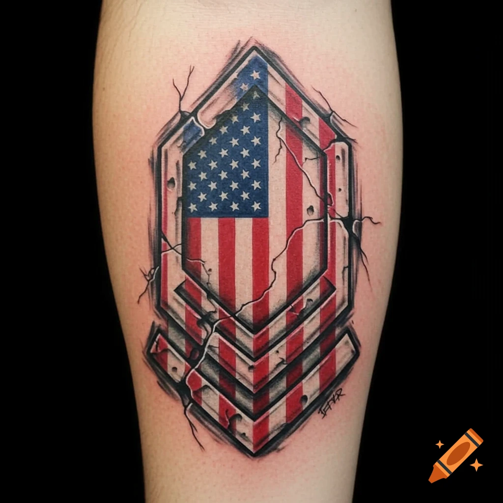 Distressed tattoo of a US Army sergeant chevron with an American flag pattern.