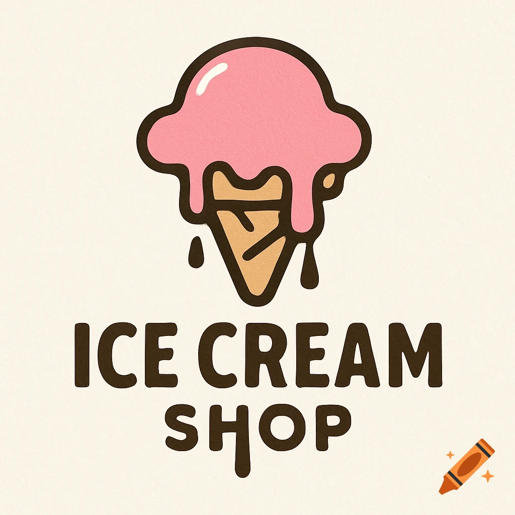 A simple illustration logo of a melting pink ice cream cone above the text "ICE CREAM SHOP".