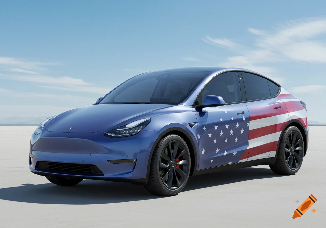 A blue Tesla Model Y car with an American flag design on its side sits in a flat, open landscape.