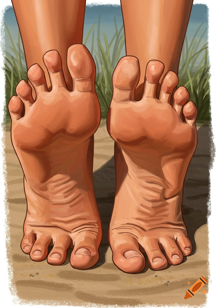 Digital painting of two bare feet standing on sand with grass and sky in the background.