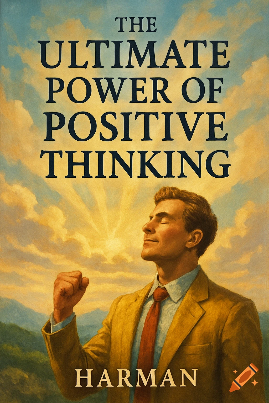 Book cover with title 'The Ultimate Power of Positive Thinking' featuring a man looking at the sun.