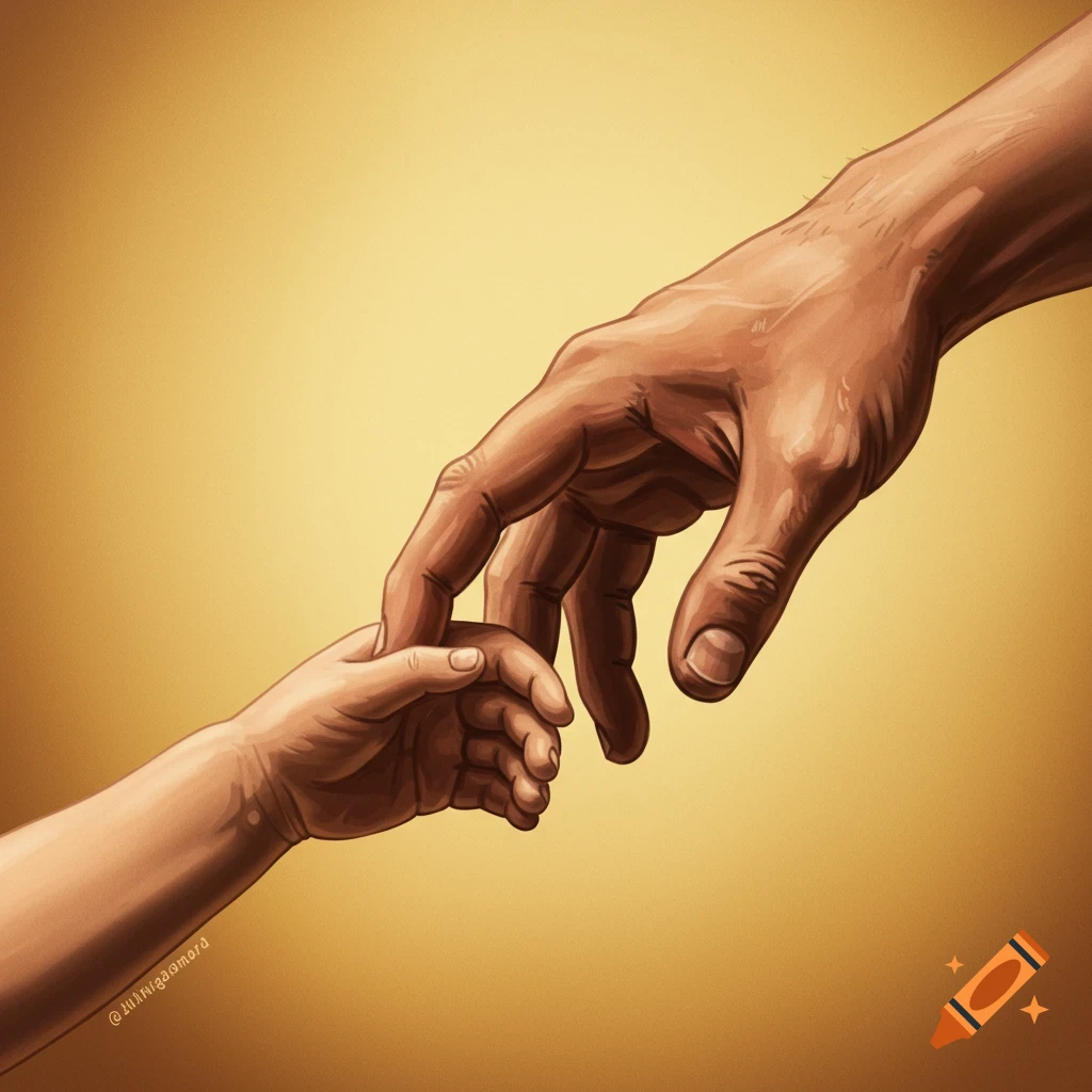 Two hands reaching to connect, one larger and one smaller, against a warm golden background in a painterly style.