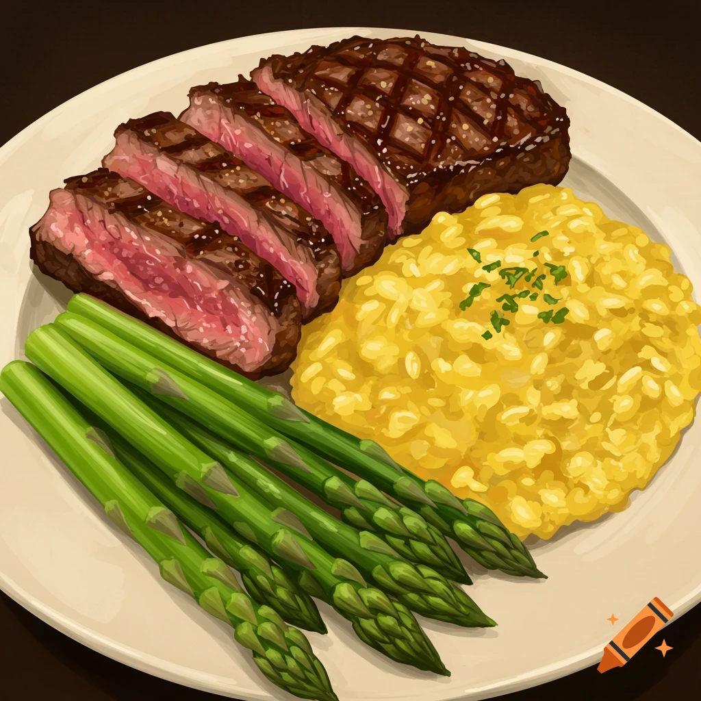 Sliced steak with risotto and asparagus on a white plate in a digital painting style.