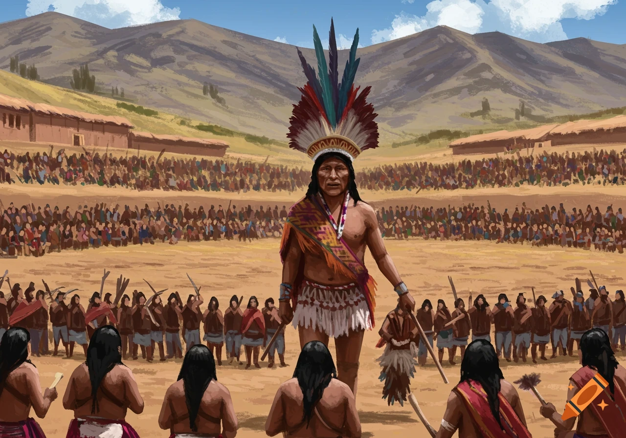 A man in a large feathered headdress stands before a crowd in an outdoor arena, painting style.