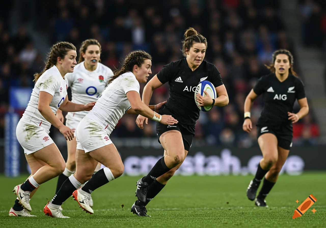 A woman in a black rugby uniform runs with the ball as opponents in white try to tackle her during a match.