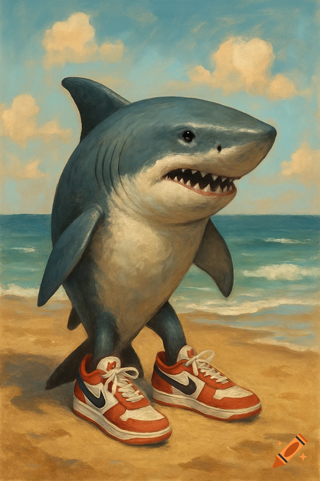 A shark walks on a sandy beach wearing red and white shoes.