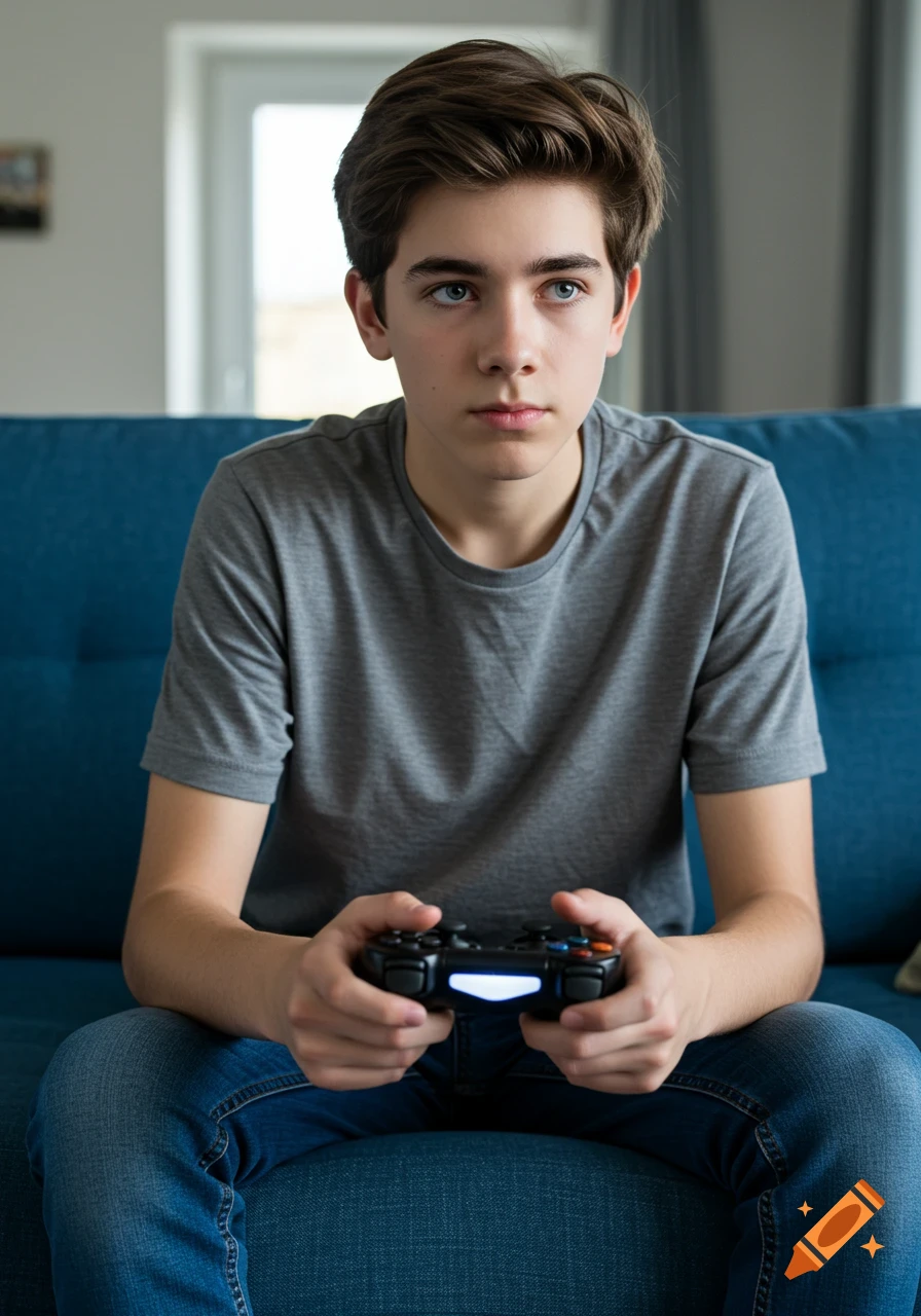 A teenage boy sits on a blue couch playing a video game with a controller.