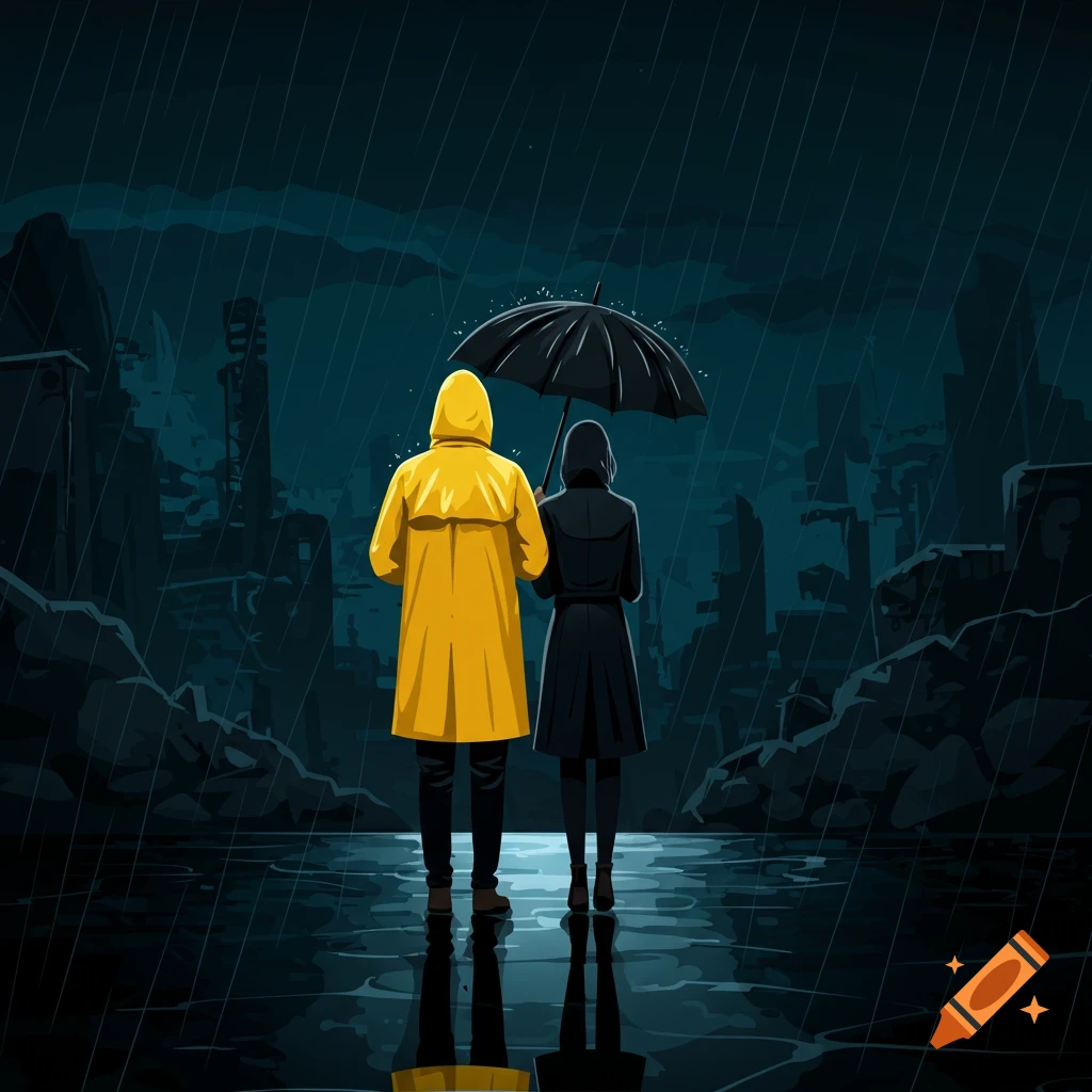 Two people in raincoats and an umbrella stand in ruins during heavy rain at night.