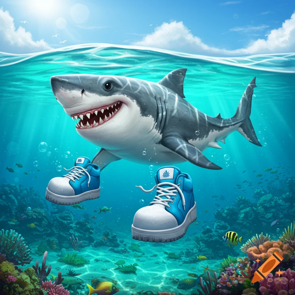 A cartoon shark wearing blue sneakers swims underwater near a coral reef.