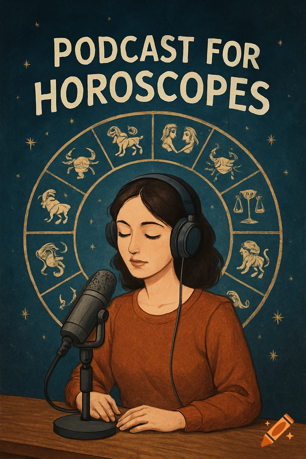 Illustration of a woman podcasting with a horoscope wheel in the background and text 'PODCAST FOR HOROSCOPES'.