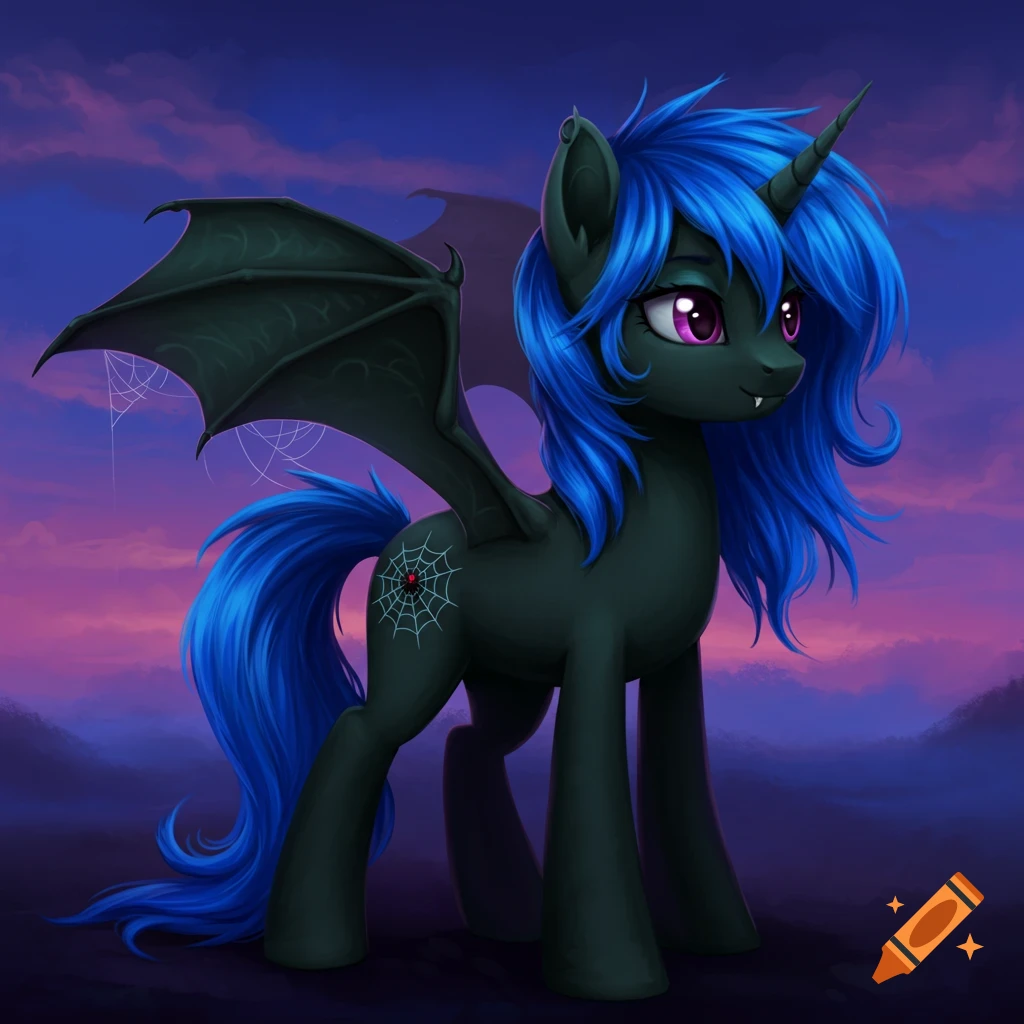 Illustration of a dark pony with blue hair, horn, bat wings, and a spider web mark standing in a dark landscape under a purple sky.