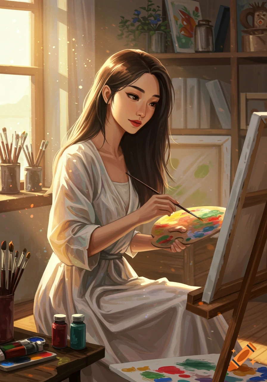 A young woman paints on an easel in a sunlit artist's studio, holding a brush and palette.