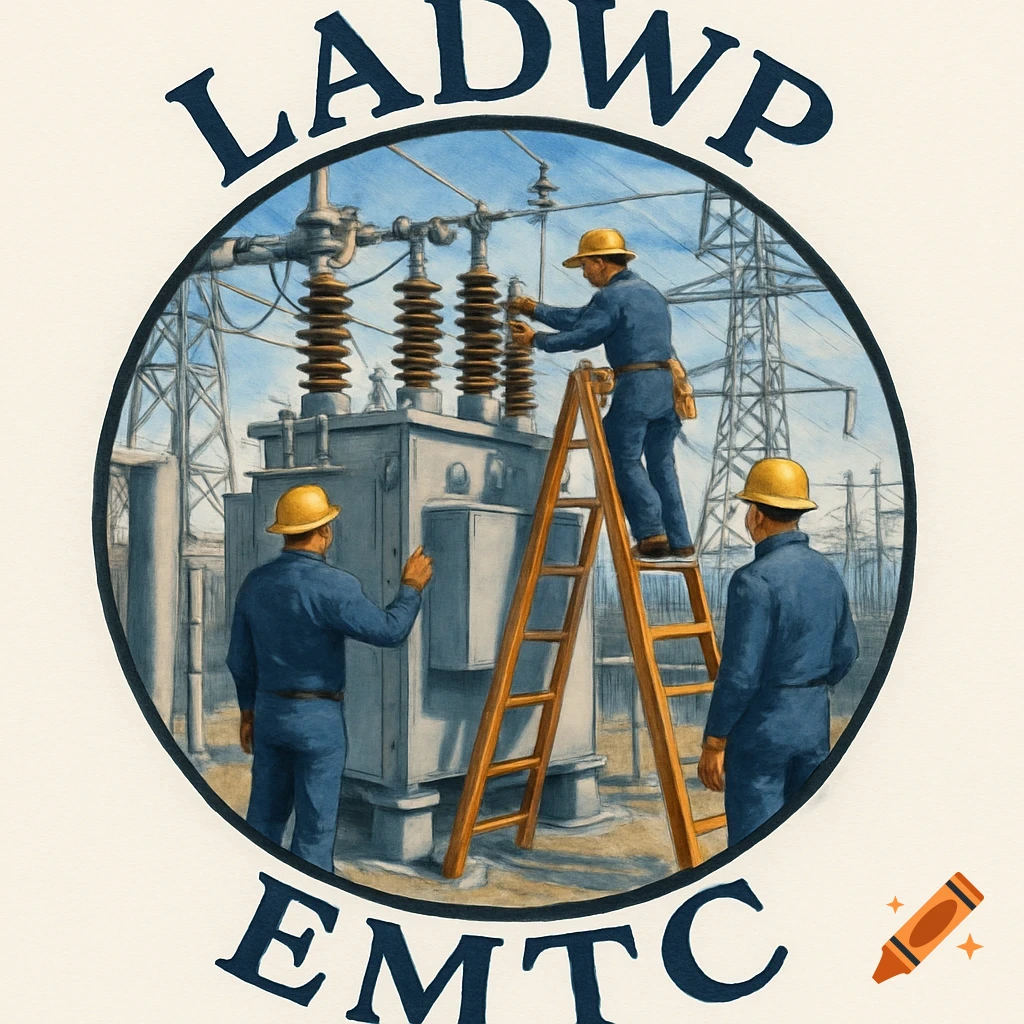 Illustration of workers at an electrical substation with LADWP and EMTC text around a circular frame.