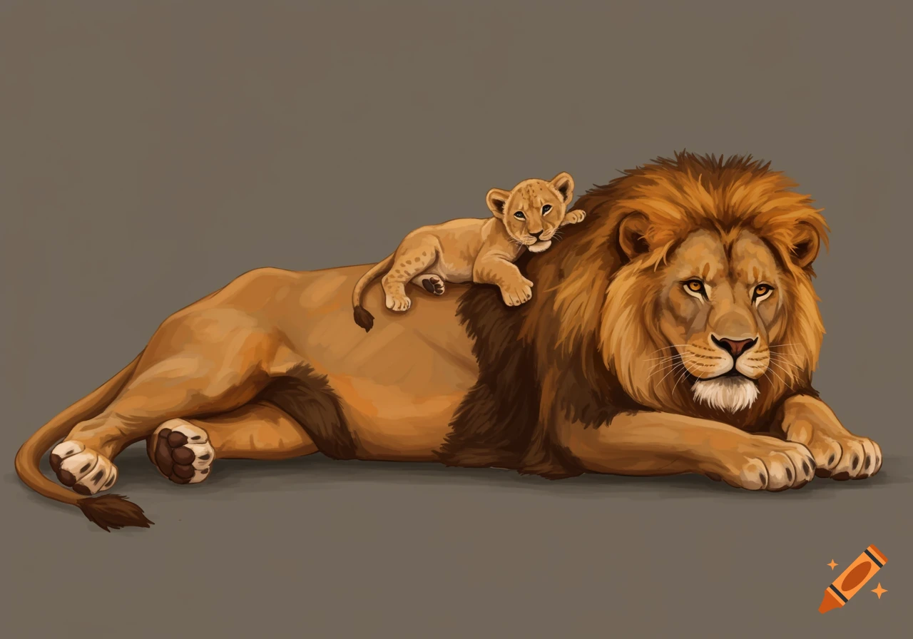 Illustration of a male lion lying down with a cub resting on its back.