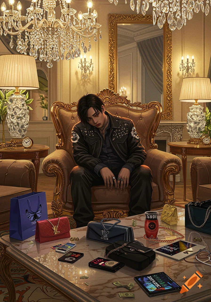A young person sits in a luxurious room with expensive bags and items around them, looking unhappy.