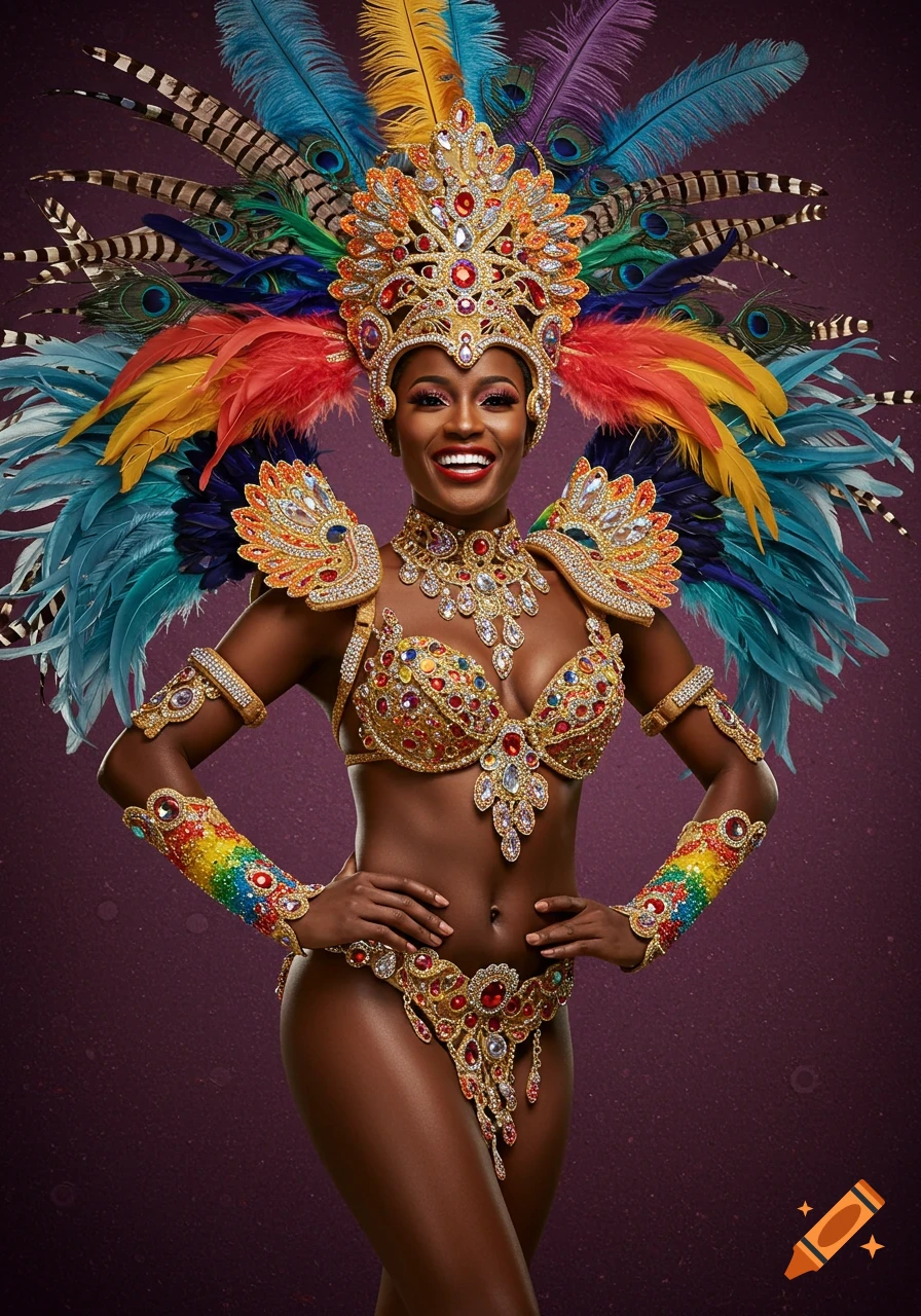 A smiling woman in a vibrant, feathered and bejeweled Trinidad carnival costume stands with hands on her hips.