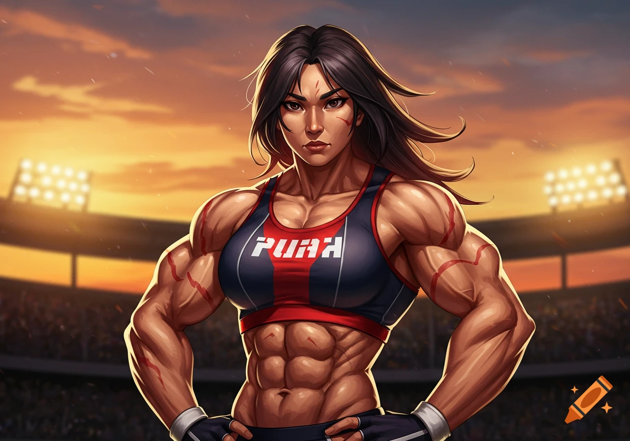 Muscular anime woman athlete in a stadium at sunset.