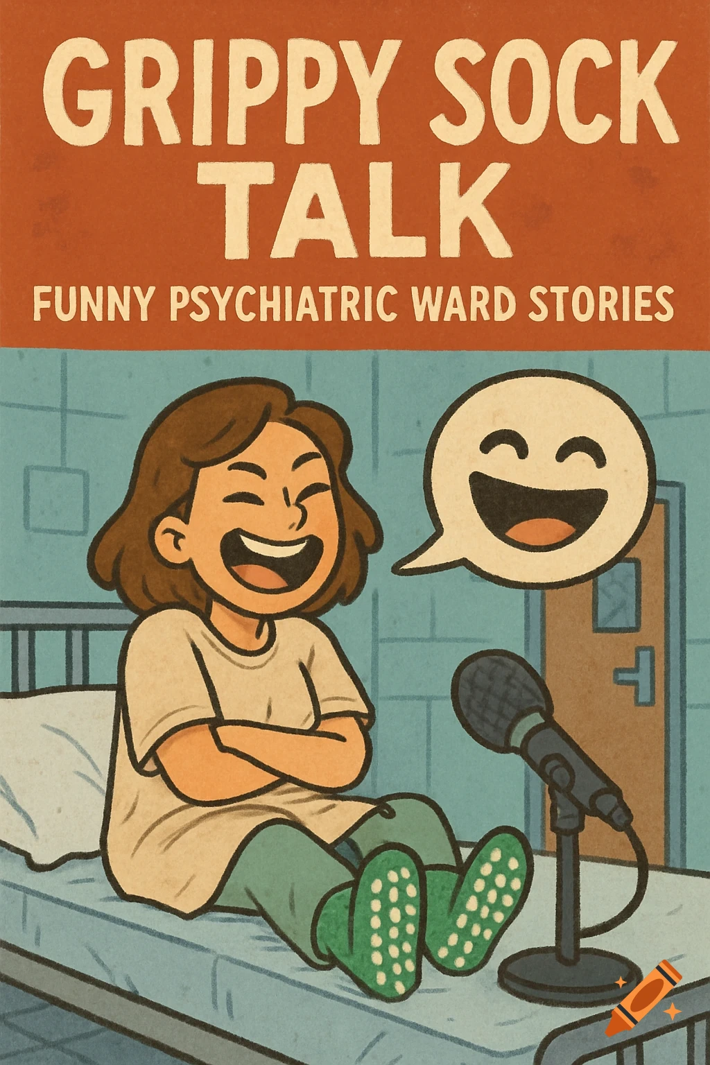 Cartoon illustration of a person in grippy socks talking into a microphone, with the title 'Grippy Sock Talk'.