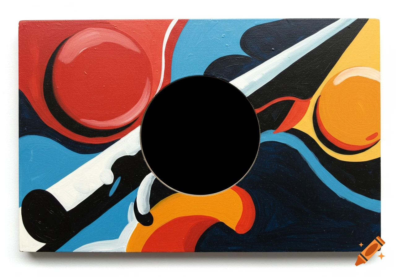 Abstract painting with a black circle cut out, featuring bold red, blue, yellow, black, and white shapes.