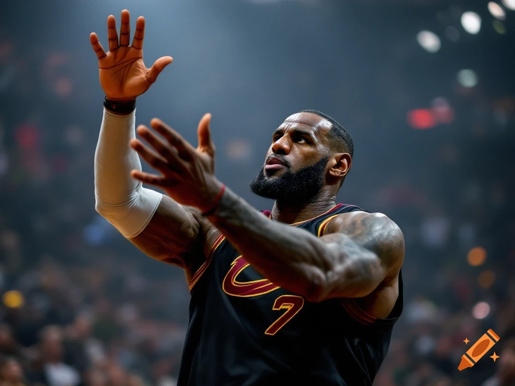 LeBron James in a Cleveland Cavaliers jersey raising his hands on a basketball court.