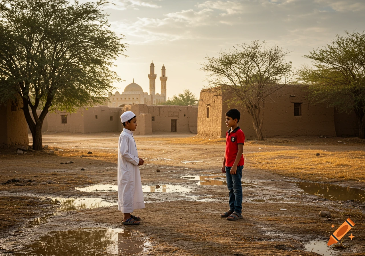 Two boys stand in an old mud village near puddles. One wears traditional white, the other a red shirt and jeans. A mosque is in the background.