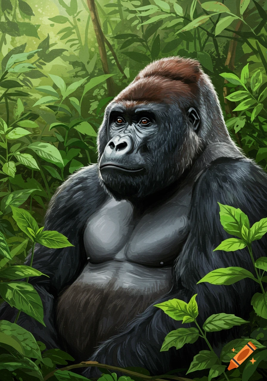 A gorilla sits among green jungle leaves.